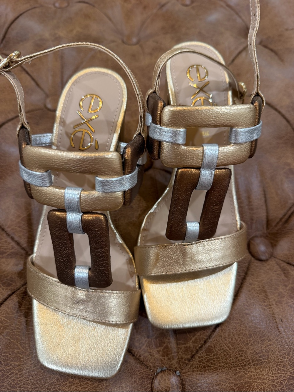 Gold Metallic Women's Heels with Silver & Brown Accents